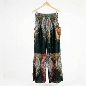 NWT• Kala Imports Green Peacock Print Boho Festival Wide Leg Harem Pants OS